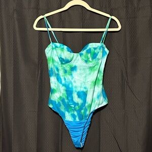 Zara Women’s Tie-Dye Blue and Green Corset-Style Bodysuit Size Small